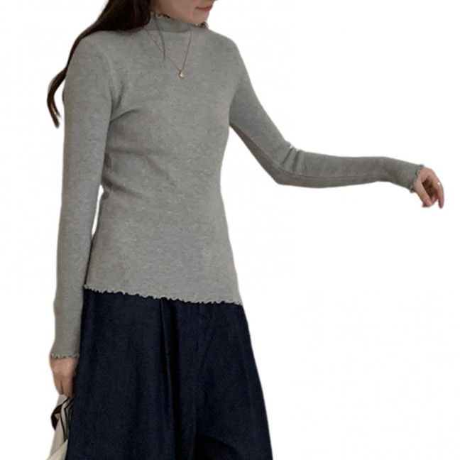 Knitting Tops Solid Color Half-High Collar Long Sleeve Sheer Trim Bottoming Tops Slim Fit High Elastic Basic Tops