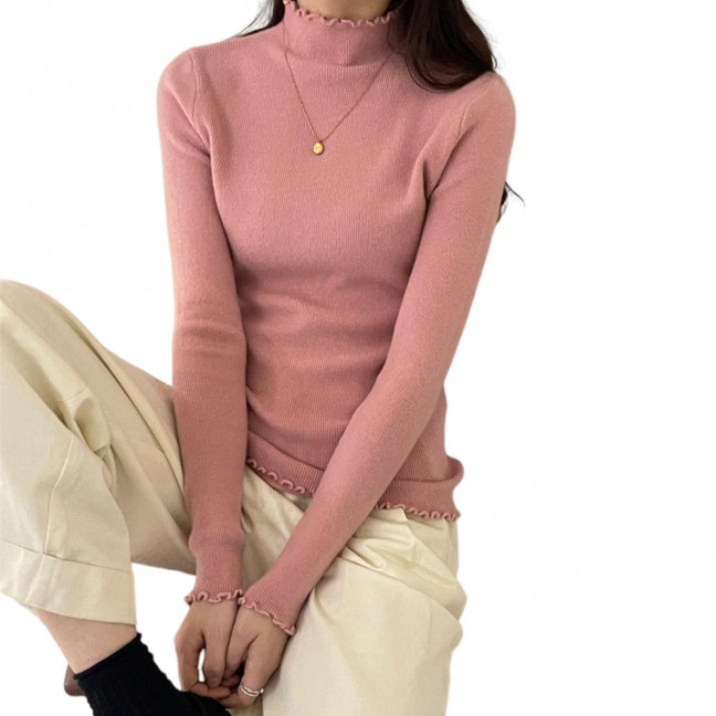 Knitting Tops Solid Color Half-High Collar Long Sleeve Sheer Trim Bottoming Tops Slim Fit High Elastic Basic Tops