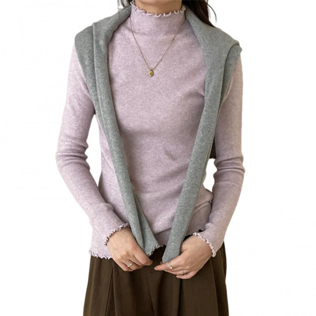 Knitting Tops Solid Color Half-High Collar Long Sleeve Sheer Trim Bottoming Tops Slim Fit High Elastic Basic Tops