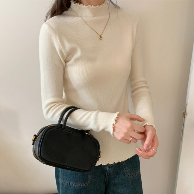 Knitting Tops Solid Color Half-High Collar Long Sleeve Sheer Trim Bottoming Tops Slim Fit High Elastic Basic Tops