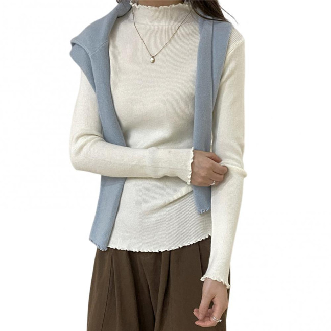 Knitting Tops Solid Color Half-High Collar Long Sleeve Sheer Trim Bottoming Tops Slim Fit High Elastic Basic Tops