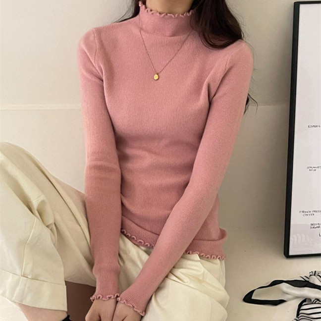 Knitting Tops Solid Color Half-High Collar Long Sleeve Sheer Trim Bottoming Tops Slim Fit High Elastic Basic Tops