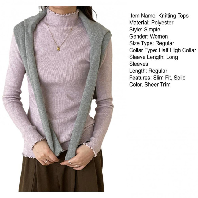 Knitting Tops Solid Color Half-High Collar Long Sleeve Sheer Trim Bottoming Tops Slim Fit High Elastic Basic Tops