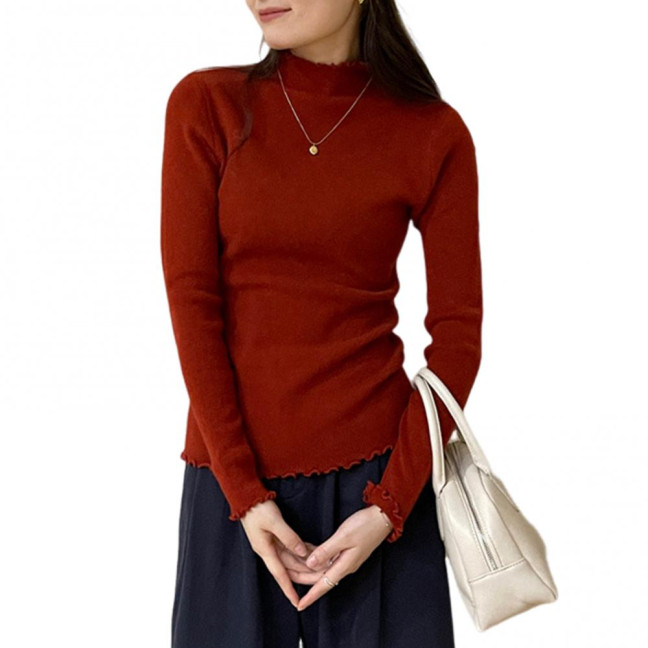 Knitting Tops Solid Color Half-High Collar Long Sleeve Sheer Trim Bottoming Tops Slim Fit High Elastic Basic Tops