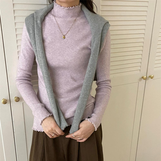 Knitting Tops Solid Color Half-High Collar Long Sleeve Sheer Trim Bottoming Tops Slim Fit High Elastic Basic Tops
