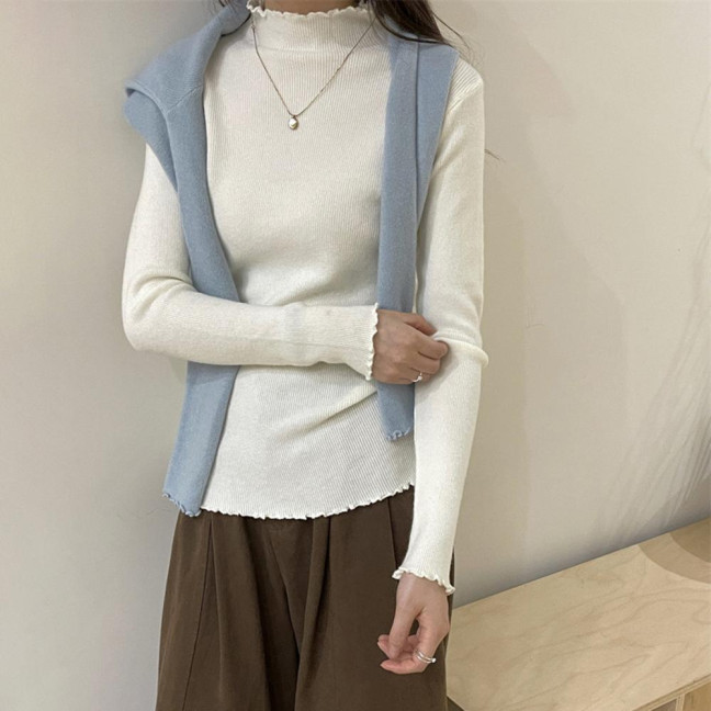 Knitting Tops Solid Color Half-High Collar Long Sleeve Sheer Trim Bottoming Tops Slim Fit High Elastic Basic Tops