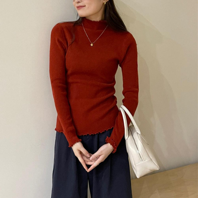 Knitting Tops Solid Color Half-High Collar Long Sleeve Sheer Trim Bottoming Tops Slim Fit High Elastic Basic Tops