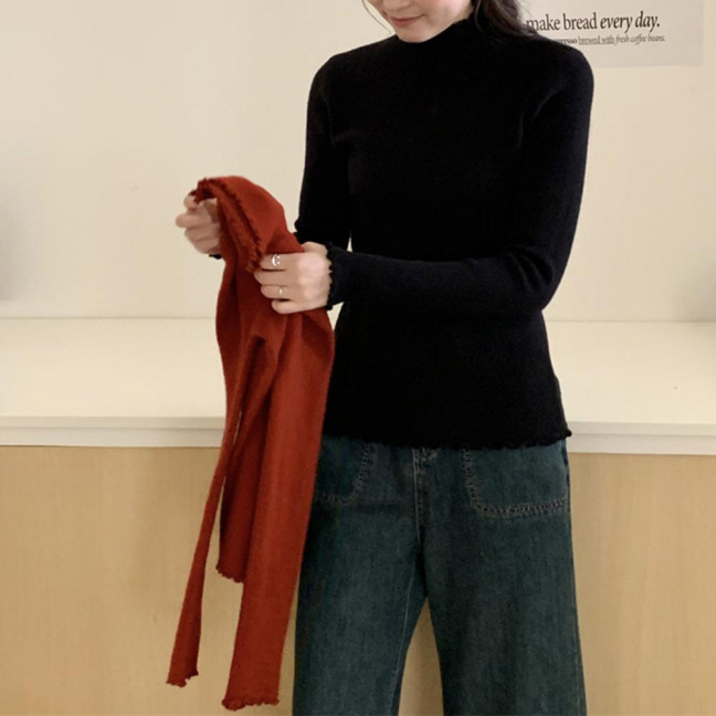 Knitting Tops Solid Color Half-High Collar Long Sleeve Sheer Trim Bottoming Tops Slim Fit High Elastic Basic Tops