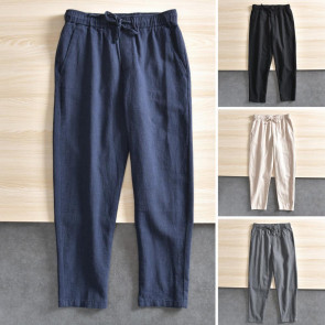 Men Pants with Side Pockets Drawstring Elastic Waist Straight Loose Pure Color Daily Sport Trousers for Vacation Travel Work School