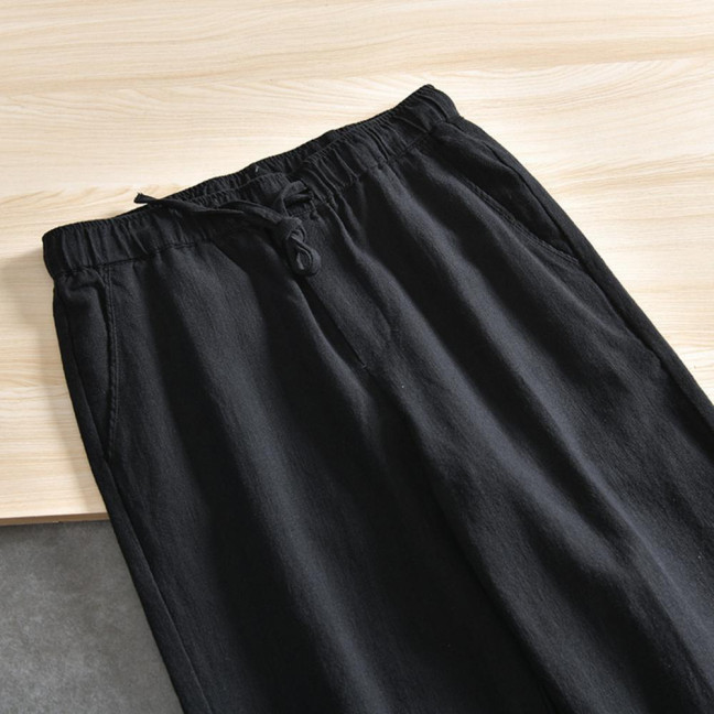 Men Pants with Side Pockets Drawstring Elastic Waist Straight Loose Pure Color Daily Sport Trousers for Vacation Travel Work School
