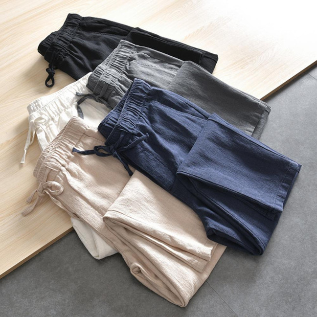 Men Pants with Side Pockets Drawstring Elastic Waist Straight Loose Pure Color Daily Sport Trousers for Vacation Travel Work School