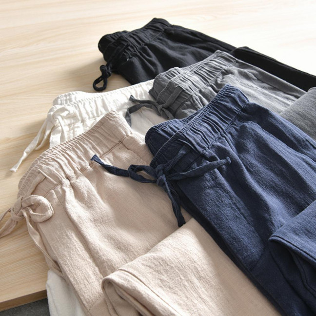 Men Pants with Side Pockets Drawstring Elastic Waist Straight Loose Pure Color Daily Sport Trousers for Vacation Travel Work School