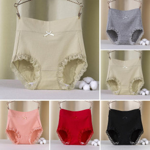 Lady Underpants High Waist Plus Slze Lace Trim Butt-covered Tummy Control Solid Color Elastic Cotton Panties Seamless Comfort Daily Sport Briefs 