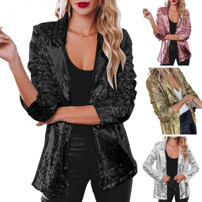 Lady Sequin Coat Open Stitch Cardigan Turn-down Collar Long Sleeves Solid Color Formal Business Jacket Office Commuting Outerwear Lady Sequin Coat Open Stitch Cardigan Turn-down Collar Long Sleeves Solid Color Formal Business Jacket Office Commuting Outerwear