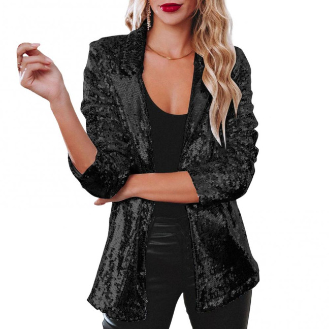 Lady Sequin Coat Open Stitch Cardigan Turn-down Collar Long Sleeves Solid Color Formal Business Jacket Office Commuting Outerwear Lady Sequin Coat Open Stitch Cardigan Turn-down Collar Long Sleeves Solid Color Formal Business Jacket Office Commuting Outerwear