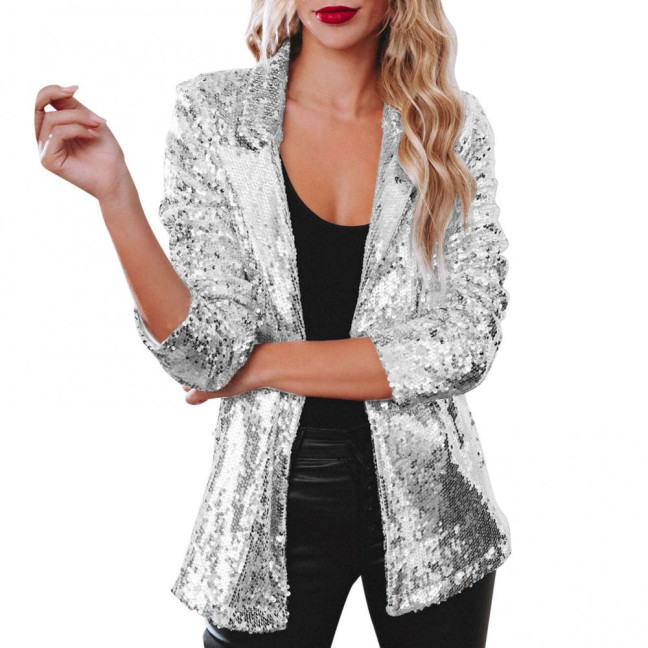 Lady Sequin Coat Open Stitch Cardigan Turn-down Collar Long Sleeves Solid Color Formal Business Jacket Office Commuting Outerwear Lady Sequin Coat Open Stitch Cardigan Turn-down Collar Long Sleeves Solid Color Formal Business Jacket Office Commuting Outerwear