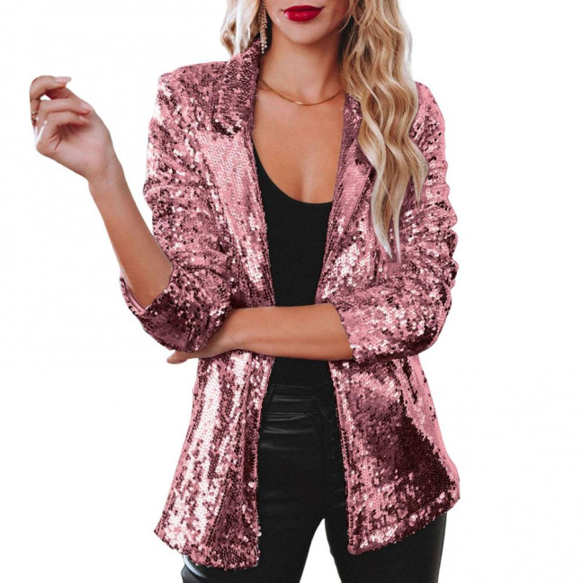 Lady Sequin Coat Open Stitch Cardigan Turn-down Collar Long Sleeves Solid Color Formal Business Jacket Office Commuting Outerwear Lady Sequin Coat Open Stitch Cardigan Turn-down Collar Long Sleeves Solid Color Formal Business Jacket Office Commuting Outerwear