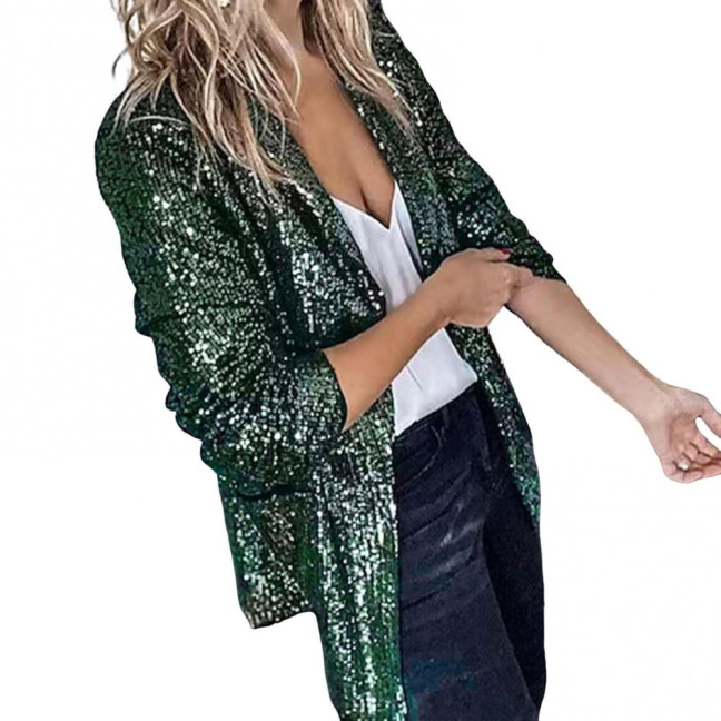 Lady Sequin Coat Open Stitch Cardigan Turn-down Collar Long Sleeves Solid Color Formal Business Jacket Office Commuting Outerwear Lady Sequin Coat Open Stitch Cardigan Turn-down Collar Long Sleeves Solid Color Formal Business Jacket Office Commuting Outerwear