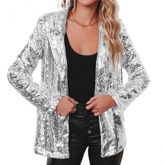 Lady Sequin Coat Open Stitch Cardigan Turn-down Collar Long Sleeves Solid Color Formal Business Jacket Office Commuting Outerwear Lady Sequin Coat Open Stitch Cardigan Turn-down Collar Long Sleeves Solid Color Formal Business Jacket Office Commuting Outerwear