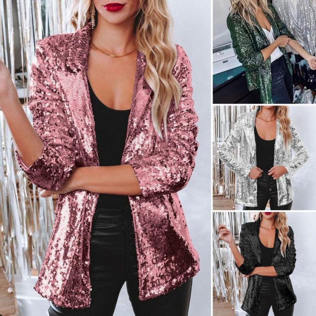 Lady Sequin Coat Open Stitch Cardigan Turn-down Collar Long Sleeves Solid Color Formal Business Jacket Office Commuting Outerwear Lady Sequin Coat Open Stitch Cardigan Turn-down Collar Long Sleeves Solid Color Formal Business Jacket Office Commuting Outerwear