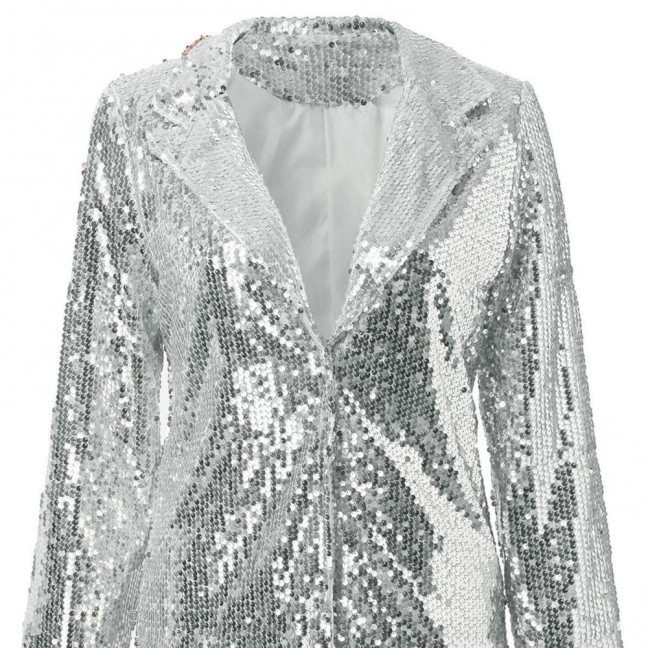 Lady Sequin Coat Open Stitch Cardigan Turn-down Collar Long Sleeves Solid Color Formal Business Jacket Office Commuting Outerwear Lady Sequin Coat Open Stitch Cardigan Turn-down Collar Long Sleeves Solid Color Formal Business Jacket Office Commuting Outerwear