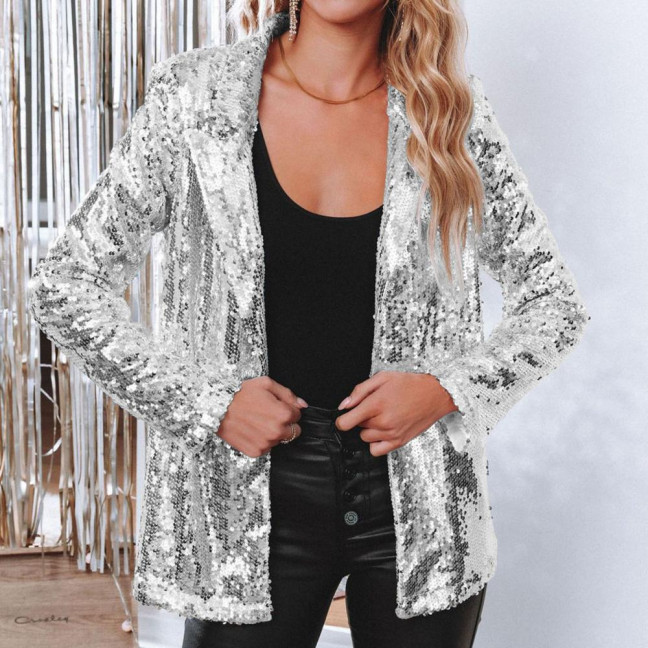 Lady Sequin Coat Open Stitch Cardigan Turn-down Collar Long Sleeves Solid Color Formal Business Jacket Office Commuting Outerwear Lady Sequin Coat Open Stitch Cardigan Turn-down Collar Long Sleeves Solid Color Formal Business Jacket Office Commuting Outerwear