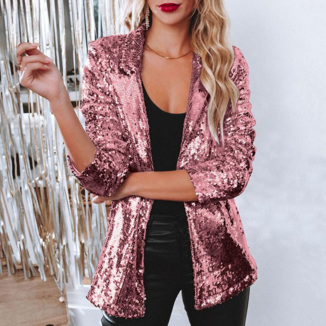 Lady Sequin Coat Open Stitch Cardigan Turn-down Collar Long Sleeves Solid Color Formal Business Jacket Office Commuting Outerwear Lady Sequin Coat Open Stitch Cardigan Turn-down Collar Long Sleeves Solid Color Formal Business Jacket Office Commuting Outerwear