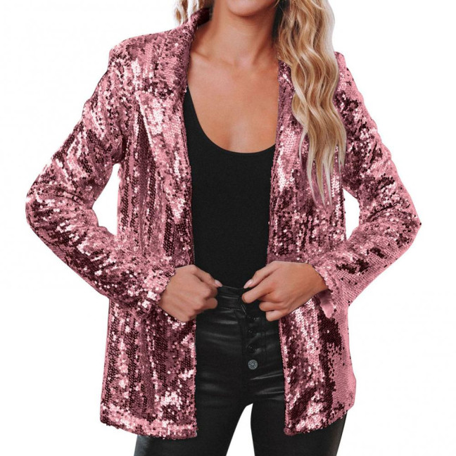 Lady Sequin Coat Open Stitch Cardigan Turn-down Collar Long Sleeves Solid Color Formal Business Jacket Office Commuting Outerwear Lady Sequin Coat Open Stitch Cardigan Turn-down Collar Long Sleeves Solid Color Formal Business Jacket Office Commuting Outerwear