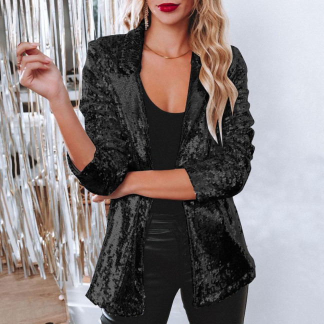 Lady Sequin Coat Open Stitch Cardigan Turn-down Collar Long Sleeves Solid Color Formal Business Jacket Office Commuting Outerwear Lady Sequin Coat Open Stitch Cardigan Turn-down Collar Long Sleeves Solid Color Formal Business Jacket Office Commuting Outerwear