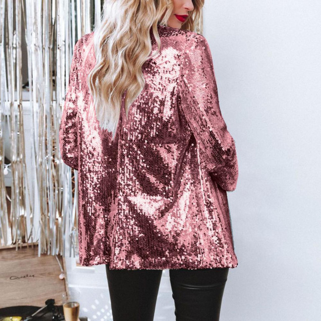 Lady Sequin Coat Open Stitch Cardigan Turn-down Collar Long Sleeves Solid Color Formal Business Jacket Office Commuting Outerwear Lady Sequin Coat Open Stitch Cardigan Turn-down Collar Long Sleeves Solid Color Formal Business Jacket Office Commuting Outerwear