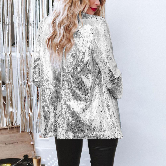 Lady Sequin Coat Open Stitch Cardigan Turn-down Collar Long Sleeves Solid Color Formal Business Jacket Office Commuting Outerwear Lady Sequin Coat Open Stitch Cardigan Turn-down Collar Long Sleeves Solid Color Formal Business Jacket Office Commuting Outerwear