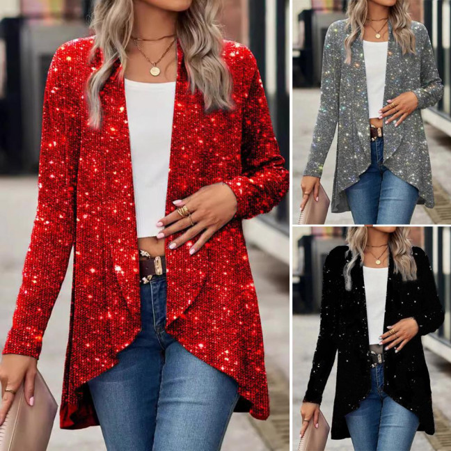 Lady Sequin Coat Open Stitch Cardigan Irregular Hem Long Sleeves Solid Color Formal Business Jacket Office Commuting Outerwear Lady Sequin Coat Open Stitch Cardigan Irregular Hem Long Sleeves Solid Color Formal Business Jacket Office Commuting Outerwear