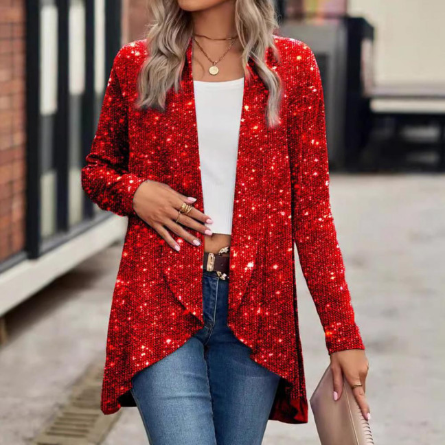 Lady Sequin Coat Open Stitch Cardigan Irregular Hem Long Sleeves Solid Color Formal Business Jacket Office Commuting Outerwear Lady Sequin Coat Open Stitch Cardigan Irregular Hem Long Sleeves Solid Color Formal Business Jacket Office Commuting Outerwear
