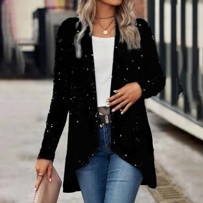 Lady Sequin Coat Open Stitch Cardigan Irregular Hem Long Sleeves Solid Color Formal Business Jacket Office Commuting Outerwear Lady Sequin Coat Open Stitch Cardigan Irregular Hem Long Sleeves Solid Color Formal Business Jacket Office Commuting Outerwear