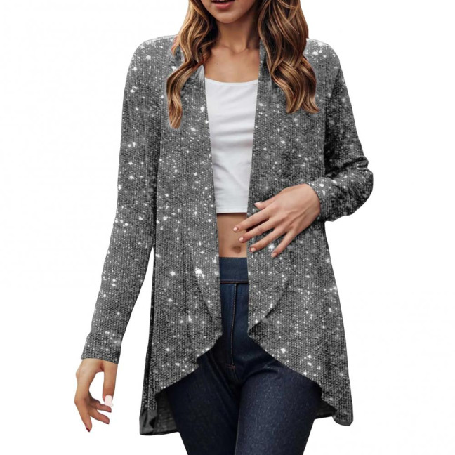 Lady Sequin Coat Open Stitch Cardigan Irregular Hem Long Sleeves Solid Color Formal Business Jacket Office Commuting Outerwear Lady Sequin Coat Open Stitch Cardigan Irregular Hem Long Sleeves Solid Color Formal Business Jacket Office Commuting Outerwear