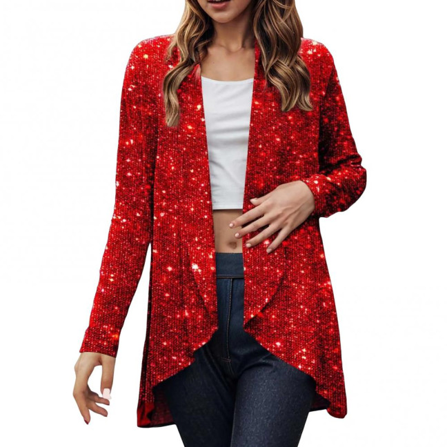 Lady Sequin Coat Open Stitch Cardigan Irregular Hem Long Sleeves Solid Color Formal Business Jacket Office Commuting Outerwear Lady Sequin Coat Open Stitch Cardigan Irregular Hem Long Sleeves Solid Color Formal Business Jacket Office Commuting Outerwear