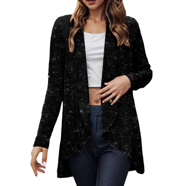 Lady Sequin Coat Open Stitch Cardigan Irregular Hem Long Sleeves Solid Color Formal Business Jacket Office Commuting Outerwear Lady Sequin Coat Open Stitch Cardigan Irregular Hem Long Sleeves Solid Color Formal Business Jacket Office Commuting Outerwear
