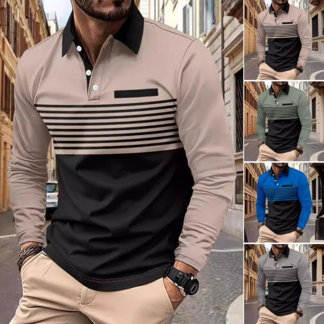 Men Spring Fall Shirt Buttoned Turn-down Collar Contrast Color Striped Prinitng Long Sleeves Pullover Mid Length Casual Business Top 