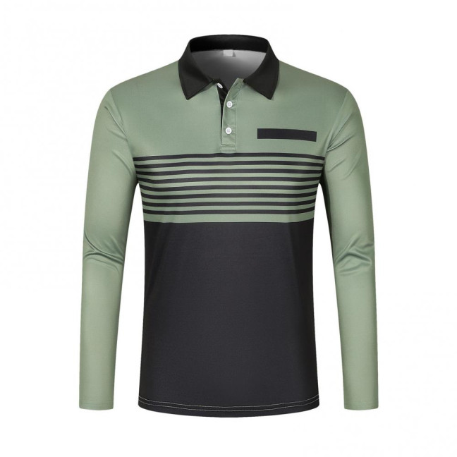 Men Spring Fall Shirt Buttoned Turn-down Collar Contrast Color Striped Prinitng Long Sleeves Pullover Mid Length Casual Business Top 