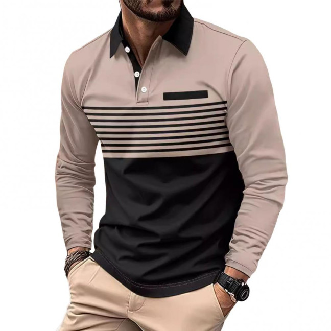 Men Spring Fall Shirt Buttoned Turn-down Collar Contrast Color Striped Prinitng Long Sleeves Pullover Mid Length Casual Business Top 