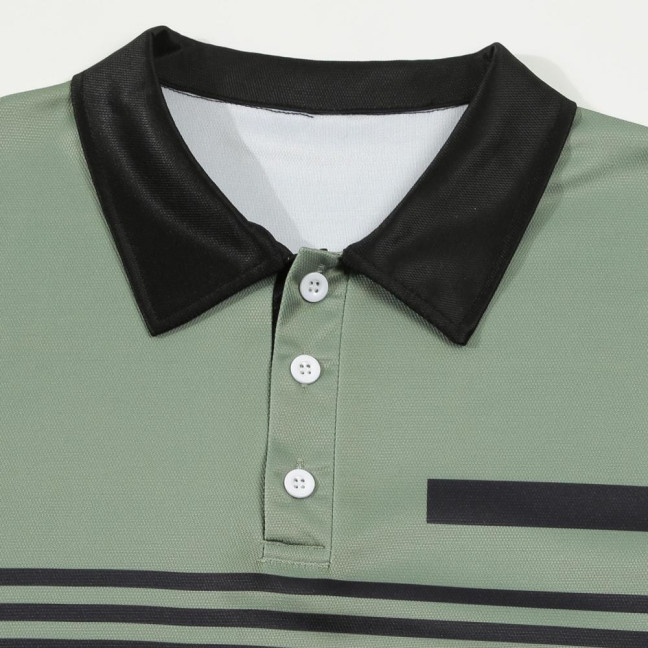 Men Spring Fall Shirt Buttoned Turn-down Collar Contrast Color Striped Prinitng Long Sleeves Pullover Mid Length Casual Business Top 