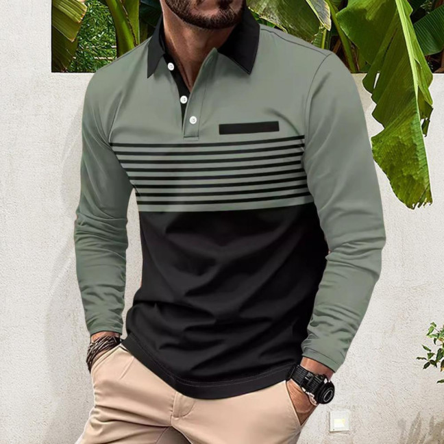 Men Spring Fall Shirt Buttoned Turn-down Collar Contrast Color Striped Prinitng Long Sleeves Pullover Mid Length Casual Business Top 