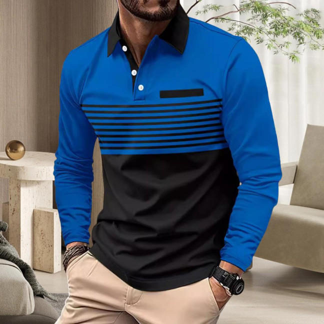 Men Spring Fall Shirt Buttoned Turn-down Collar Contrast Color Striped Prinitng Long Sleeves Pullover Mid Length Casual Business Top 
