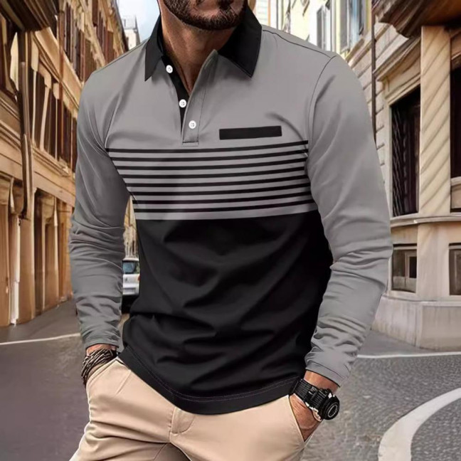 Men Spring Fall Shirt Buttoned Turn-down Collar Contrast Color Striped Prinitng Long Sleeves Pullover Mid Length Casual Business Top 