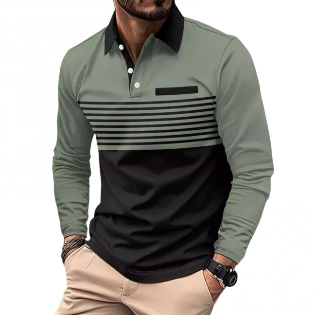 Men Spring Fall Shirt Buttoned Turn-down Collar Contrast Color Striped Prinitng Long Sleeves Pullover Mid Length Casual Business Top 