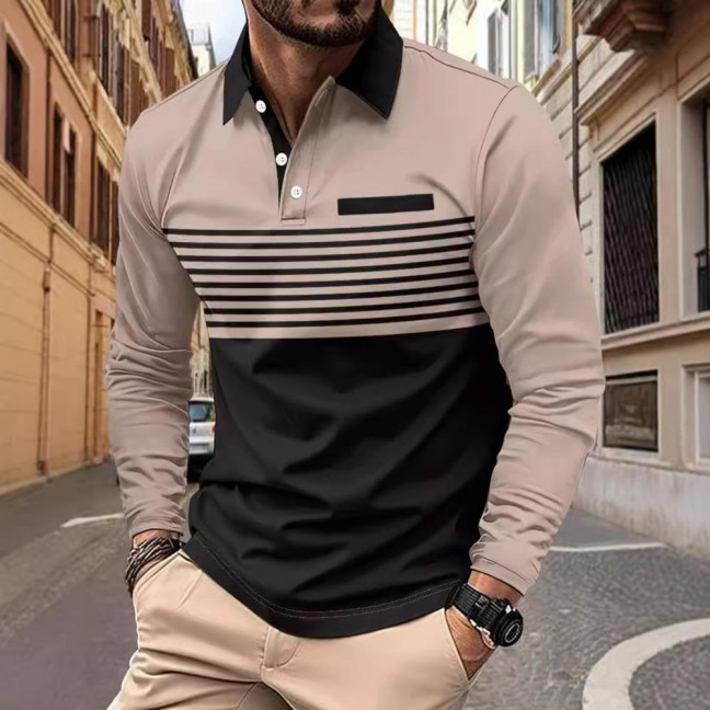 Men Spring Fall Shirt Buttoned Turn-down Collar Contrast Color Striped Prinitng Long Sleeves Pullover Mid Length Casual Business Top 