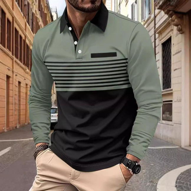 Men Spring Fall Shirt Buttoned Turn-down Collar Contrast Color Striped Prinitng Long Sleeves Pullover Mid Length Casual Business Top 