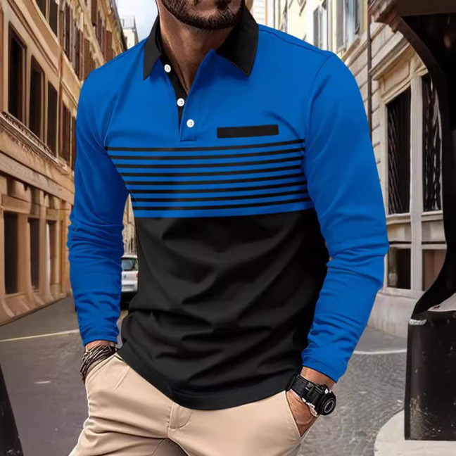 Men Spring Fall Shirt Buttoned Turn-down Collar Contrast Color Striped Prinitng Long Sleeves Pullover Mid Length Casual Business Top 