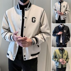 Men Baseball Coat Long Sleeve Single-Breasted Jacket with Letters Print Baseball Collar Outdoor Sports Outerwear