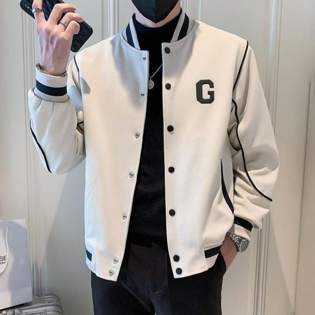Men Baseball Coat Long Sleeve Single-Breasted Jacket with Letters Print Baseball Collar Outdoor Sports Outerwear